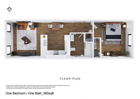 Floor plan for 1 bed, 1 bath, 560 sqft